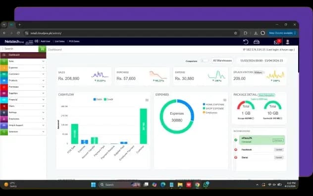 Dashboard of CloudPOS showing the daily sales report, expenses, purchases and E-Plaza visits.