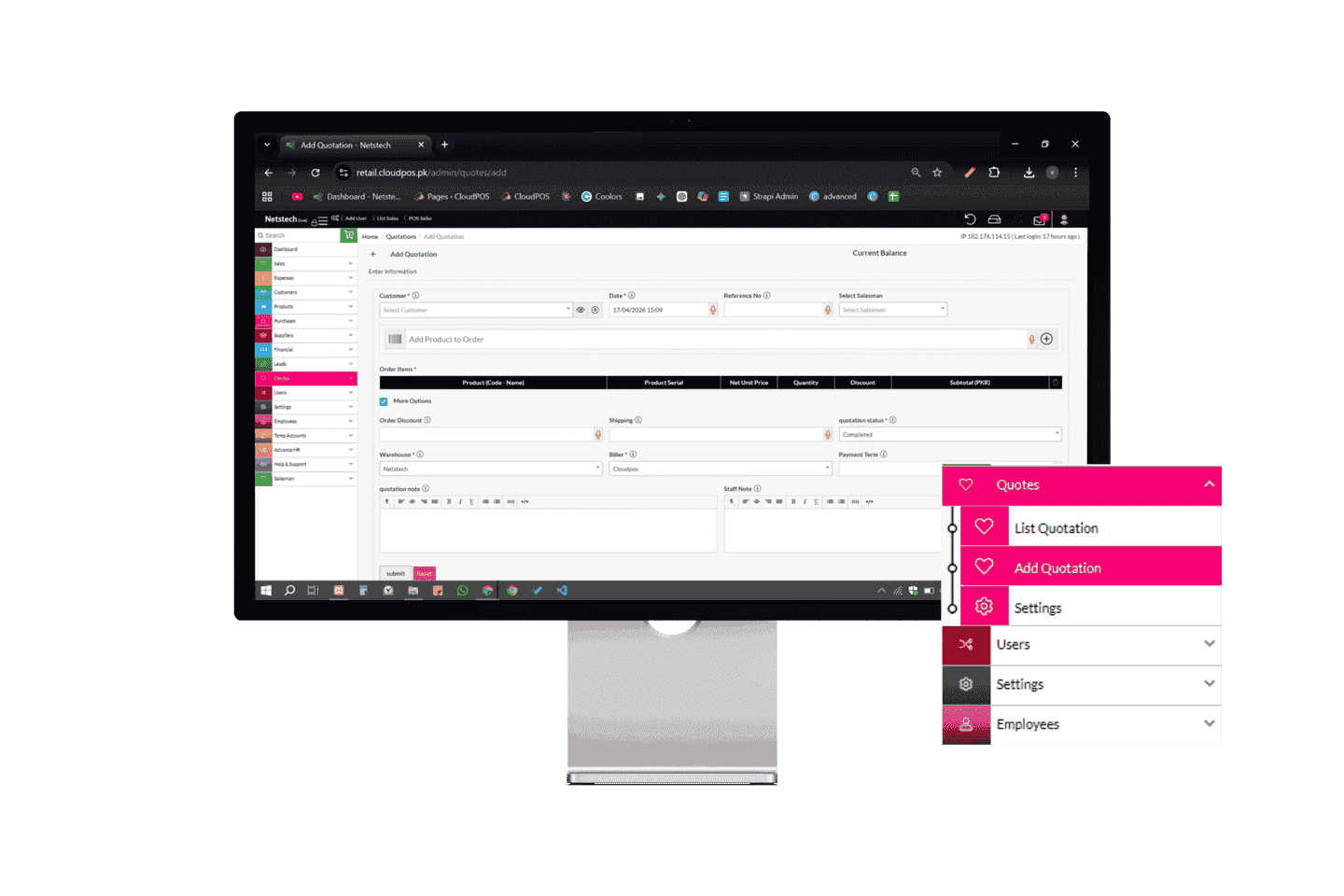 Dashboard showing the add quotation page of quotation feature.