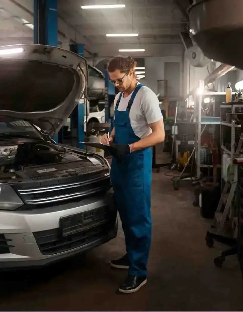 Mechanic repairing a vehicle using Auto Repair Shop Software in a modern garage, showing daily repair jobs, diagnostics, and workshop management.