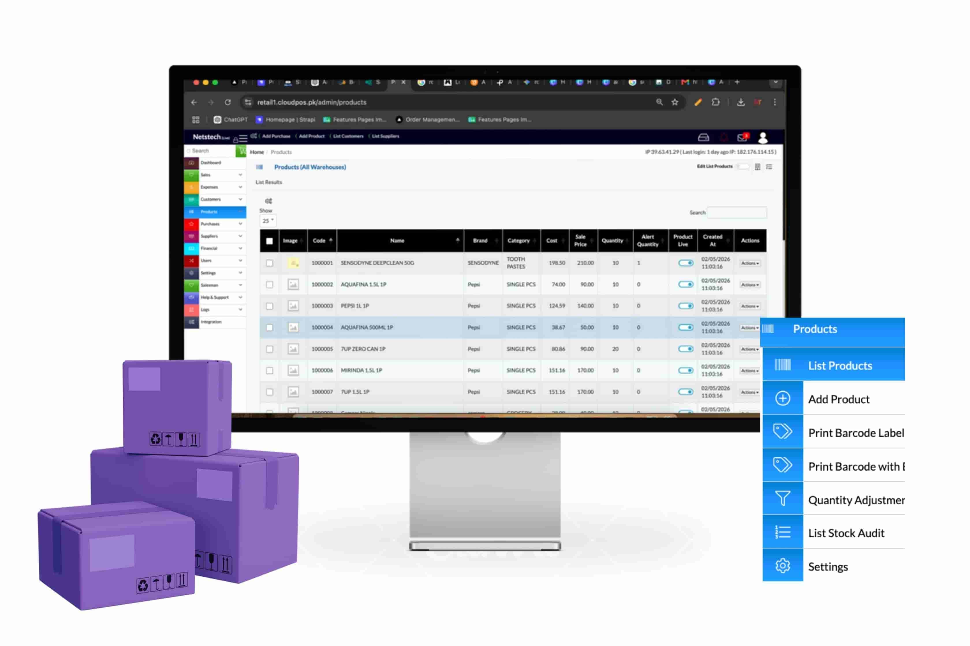 Product management system with Product Management for stock control and real-time inventory tracking.