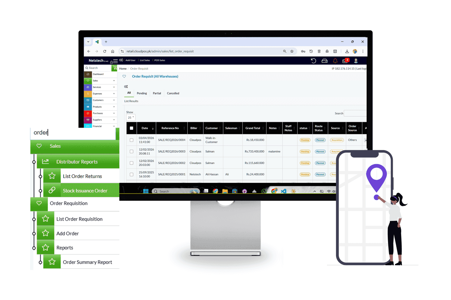 Location-based tracking for distributor operations and delivery monitoring.