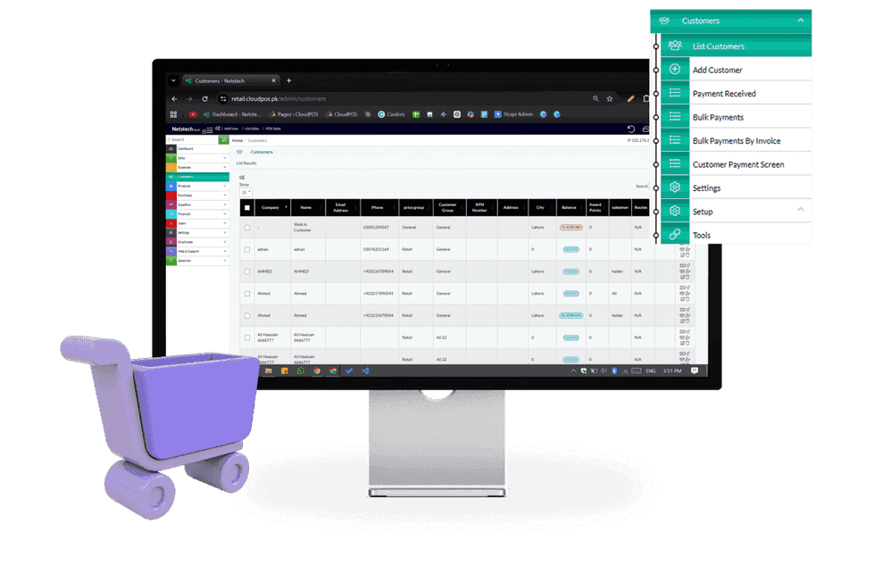 Customer management system with database management for secure customer data organization.