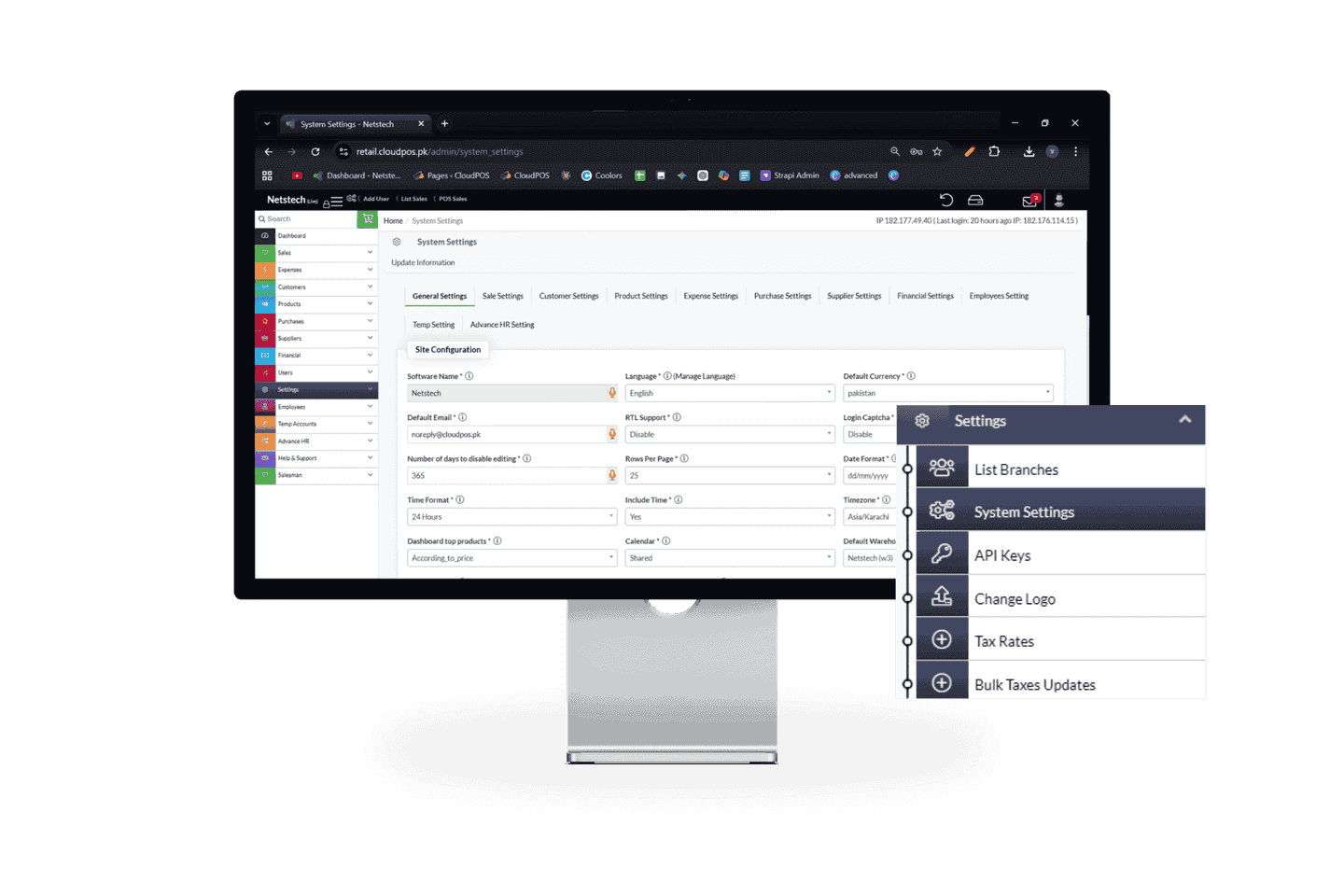 Dashboard showing the system setting of setting feature.