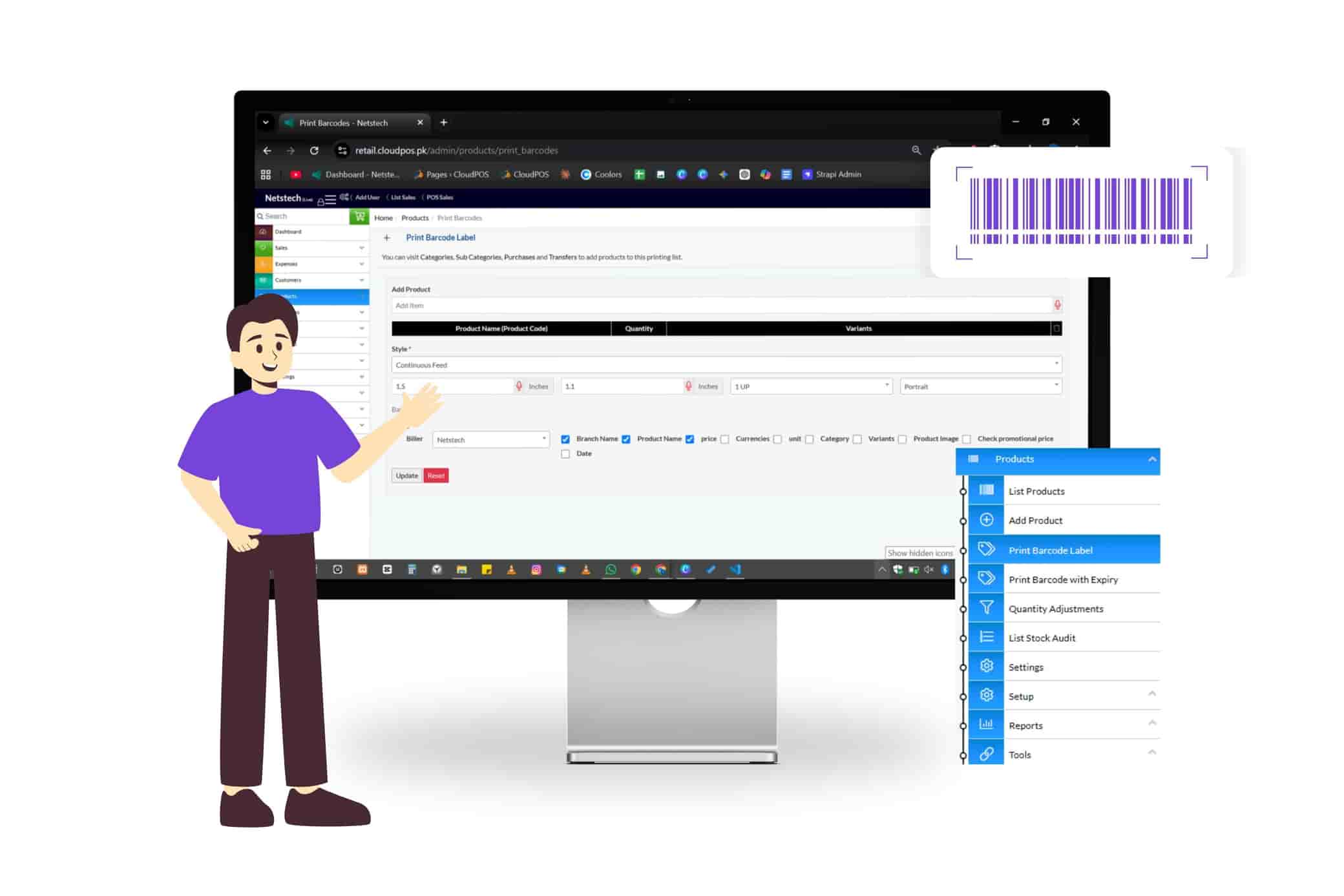 Dashboard showing the print barcode label of product feature. 