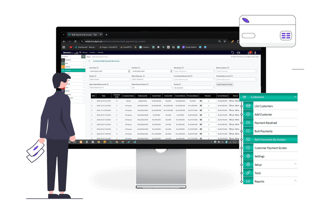 Customer management software with bulk payment handling and efficient transaction management.