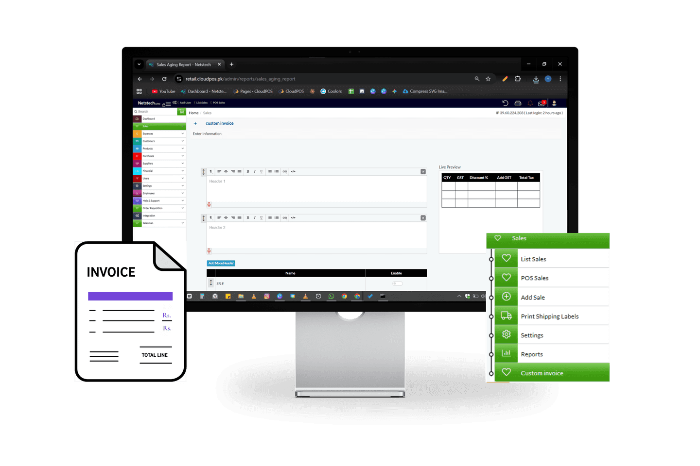 Dashboard showing the custom invoice of sales feature.