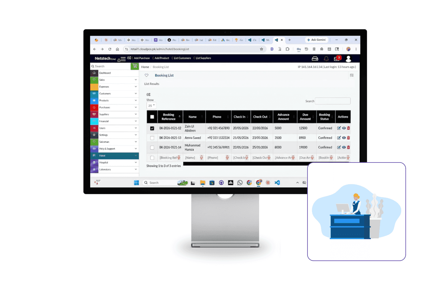 Hotel front desk dashboard for guest check-in, check-out, and reservations.
