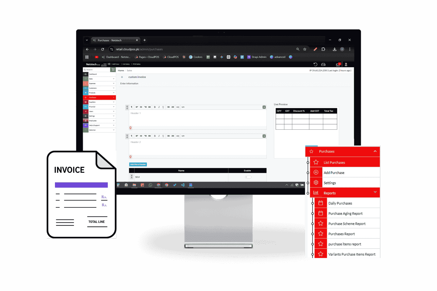 Dashboard showing the custom invoice of purchase feature.